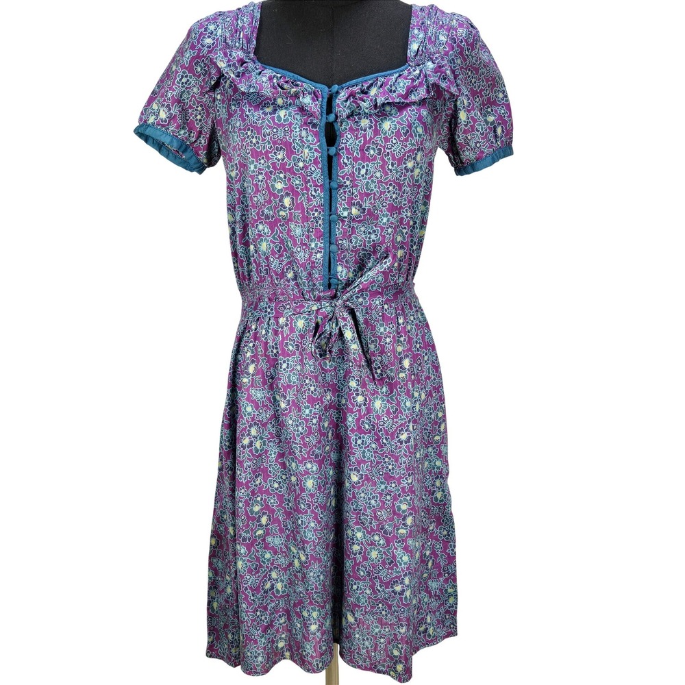 Women's Marc Jacobs Size 0 Purple Floral Cotton‎ Ruffle Mini Dress Puff Sleeve